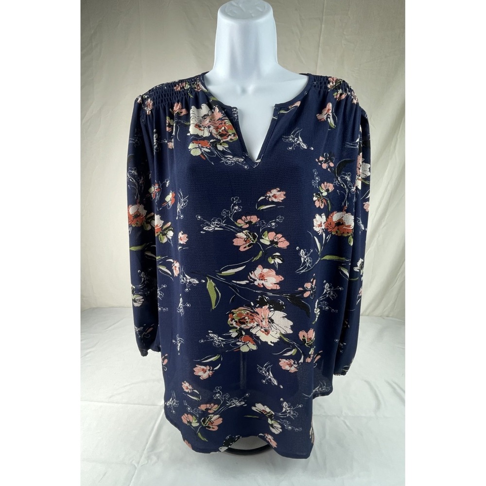 FUN2FUN WOMENS XL FLORAL BLOUSE BLUE SPLI NECK LONG SLEEVE STRETCH TOP
